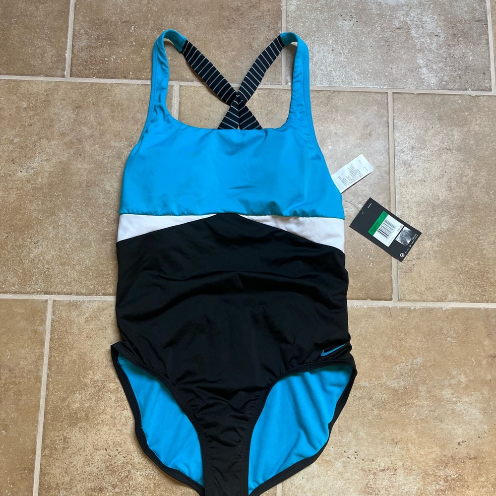 Nike Color Surge Stretch Lightweight Crossback One Piece Swimsuit Blue/Black